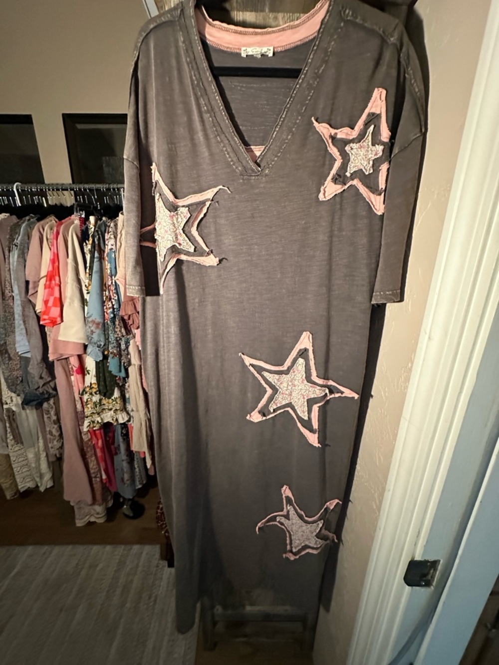 Star Applique Maxi Dress in Charcoal with Pink Accents